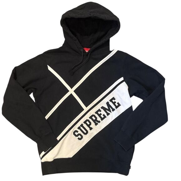 Supreme Hoodie Mens Medium Black White Diagonal Stripe Pullover Spell Out Logo - Picture 1 of 15